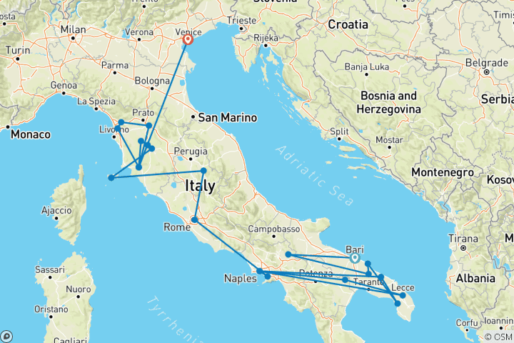 Carte du circuit Premium Italie en profondeur (23 destinations)