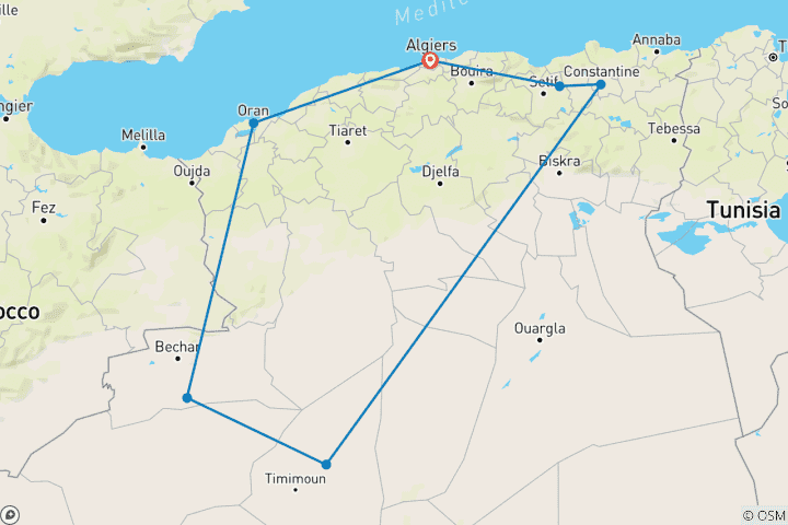 Carte du circuit Aventure sur mesure de 11 jours en Algérie, départ quotidien et guide privé