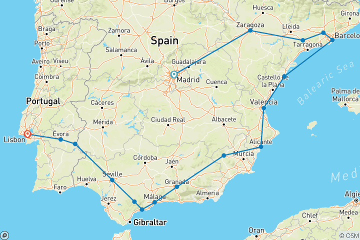 Carte du circuit Anneau espagnol de 12 jours avec Lisbonne