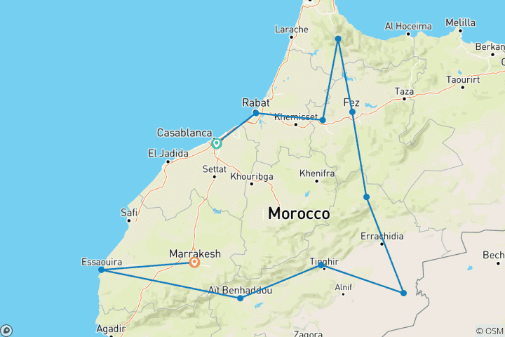 Map of Camels, Souks & Kasbahs from Casa - 14 days