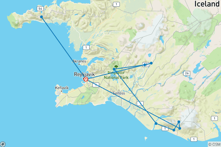 Carte du circuit Aventure en Islande : Aurore boréale et péninsule de Snæfellsnes