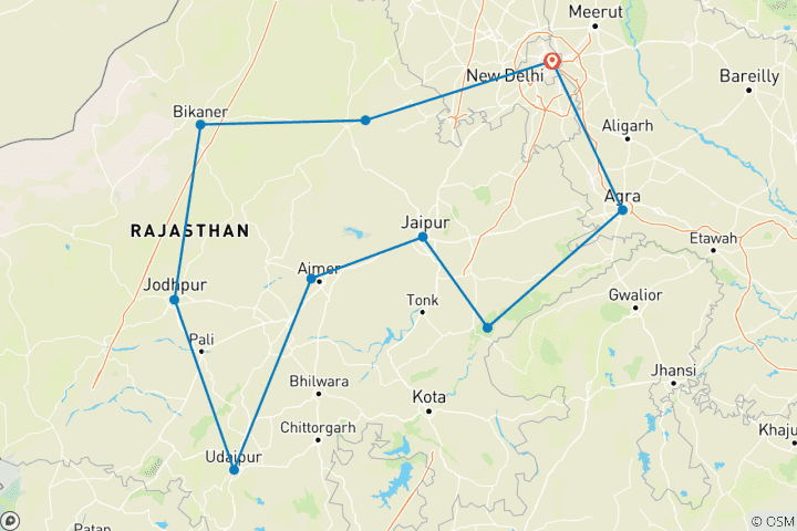 Carte du circuit 16 jours - Circuit coloré au Rajasthan avec Taj Mahal et vie sauvage