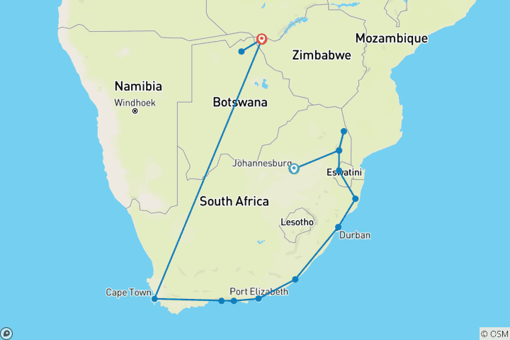 Map of Best of South Africa (With Victoria Falls, 18 Days)