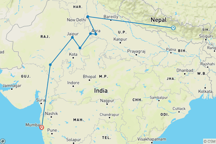 Map of Colours of Rajasthan with Mumbai (And Nepal, 18 Days)