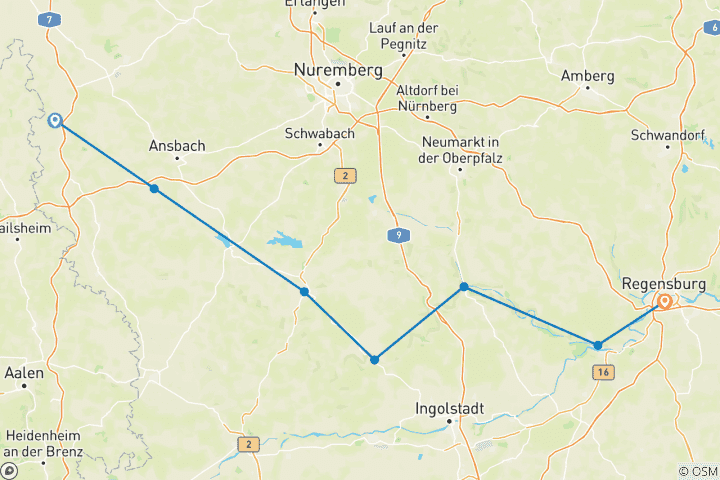 Carte du circuit Altmühltal | Voyage à vélo individuel| De Rothenburg à Regensburg