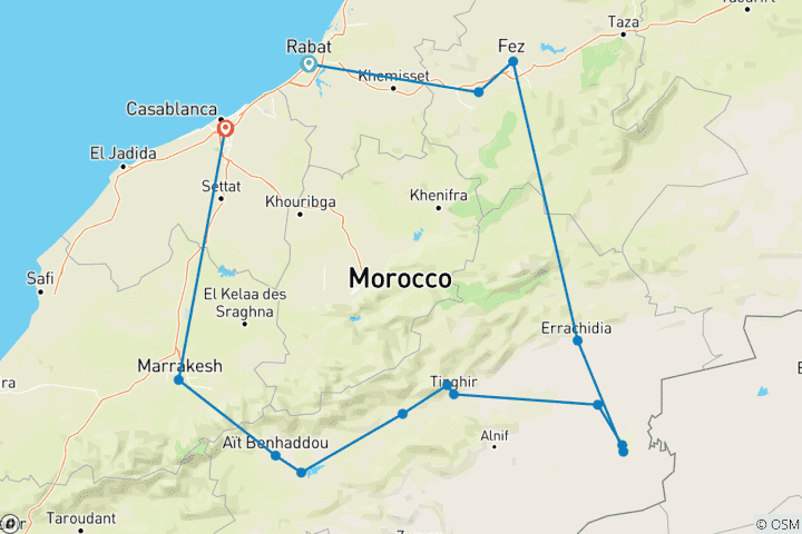 Carte du circuit Circuit des villes impériales, des montagnes de l'Atlas et du désert