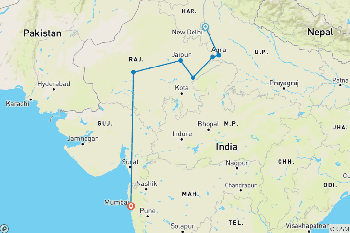 Carte du circuit Circuit de 10 jours au Triangle d'Or avec Mumbai, au départ de l'aéroport de New Delhi