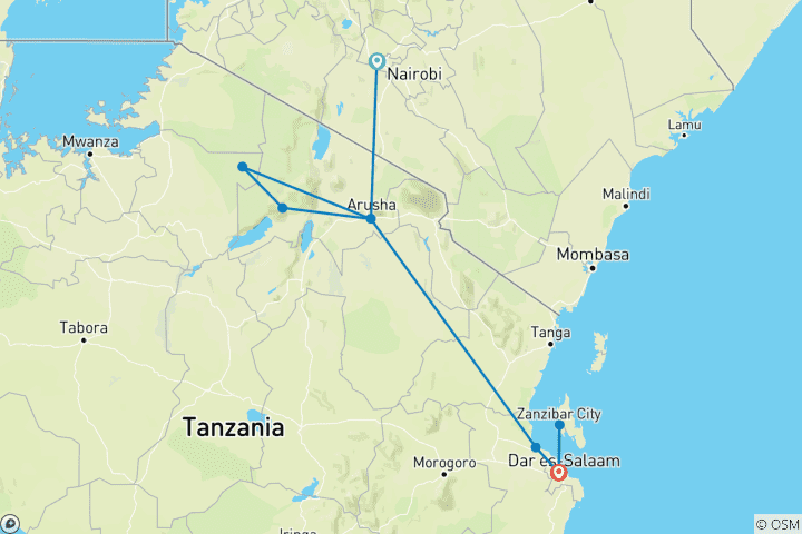 Carte du circuit Tanzanie et Zanzibar - 10 jours