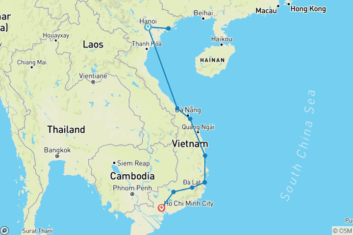 Karte von Vietnam: Hanoi nach Saigon Radreise - 14 Tage