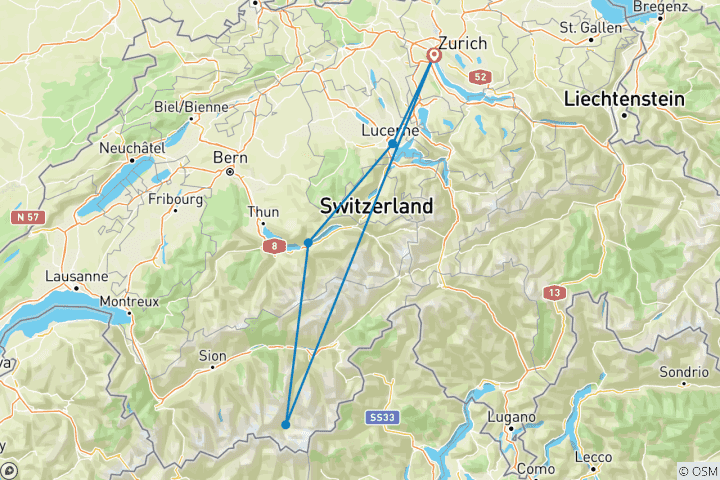 Map of 8 Days Switzerland Tour (Zermatt, Interlaken, Lucerne and Zurich)