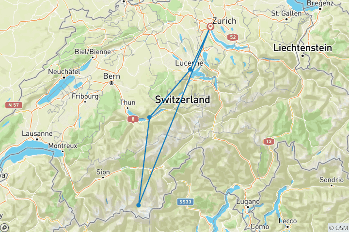 Kaart van Rondreis door Zwitserland – Zermatt, Interlaken, Luzern & Zürich – 8 dagen