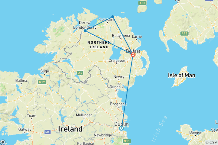 Map of Dublin, Belfast & Causeway Coast Small Group Rail Tour