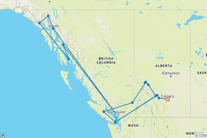 Map of Spectacular Canadian Rockies (16 Days, Spectacular Canadian Rockies Ocean View Cabin) (19 destinations)