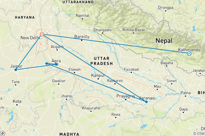 Mapa de India clásica con Nepal - grupos pequeños, 12 días, Intra circuito Aéreo Katmandú a Nueva Delhi