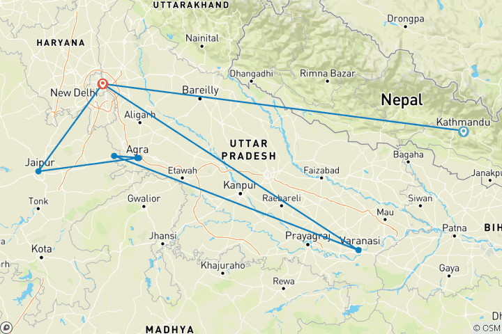 Mapa de India clásica con Nepal - grupos pequeños, 12 días, Intra circuito Aéreo Katmandú a Nueva Delh