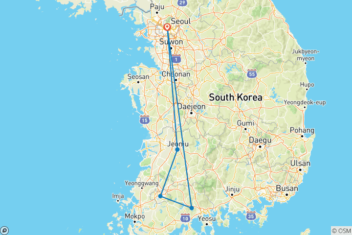 Carte du circuit 6 jours de culture culinaire et de patrimoine coréen - Circuit privé (Séoul/Jeonju/Gwangju/Suncheon)