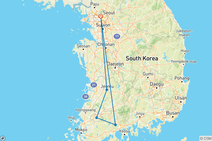 Kaart van 6 Dagen Culinaire Cultuur & Koreaans Erfgoed - Privé Rondreis (Seoul/Jeonju/Gwangju/Suncheon)