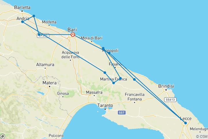 Carte du circuit Le meilleur des Pouilles, visite privée depuis Bari