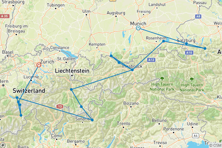 Map of Grand Alpine Explorer Munich to Zurich (2024)