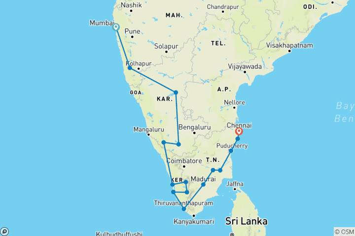 Karte von Mumbai - Goa - Karnataka - Kerala - Tamil Nadu Zugreise - 25 Tage