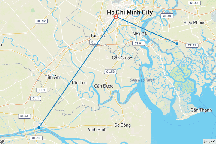 Carte du circuit Circuit 5D4N en petit groupe à Saigon : Ho Chi Minh Ville - Tunnels de Cu Chi - Delta du Mékong