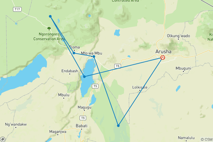 Mapa de La mejor excursión y safari de 3 días por Tarangire, el cráter del Ngorongoro y el lago Manyara a un precio razonable