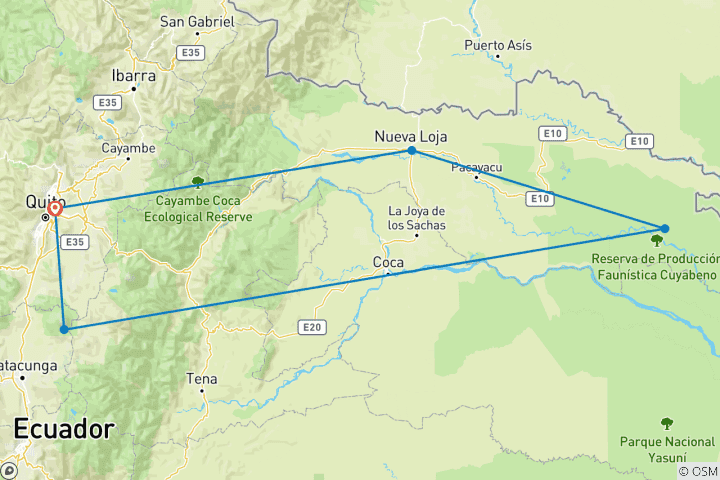 Mapa de 8 días en Cuyabeno y la Mitad del Mundo