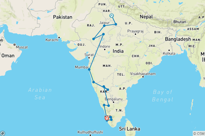 Map of New Delhi  Agra Rajasthan  Goa Karnataka  Kerala Tour By Train [ 26 Days ]