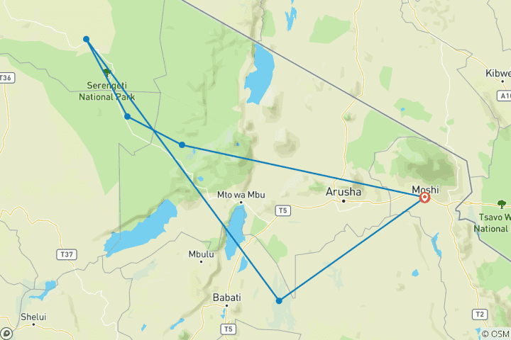 Mapa de Paquete Elefante con Ayuda Benéfica - 06 Días de Safari