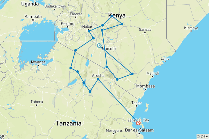 Kaart van Kennismaking met Kenia, Tanzania en Zanzibar - 30 dagen