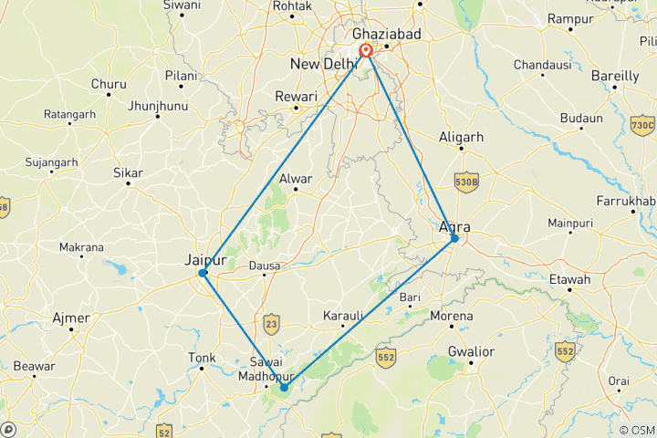 Carte du circuit Triangle d'or de luxe avec les tigres de Ranthambore - Taj Mahal au lever/coucher du soleil - 5 jours