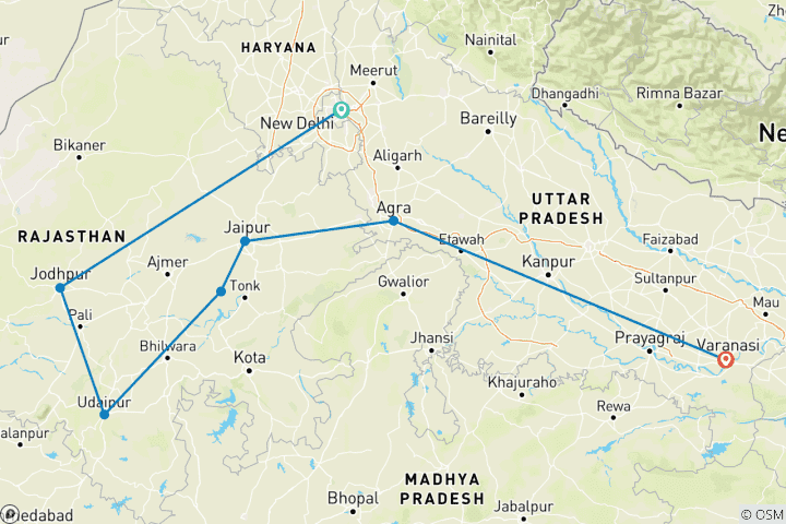 Karte von Indien für Erstbesucher: Nordindien Rundreise - 12 Tage