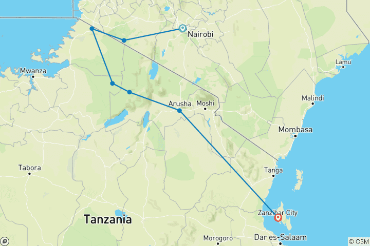 Carte du circuit Serengeti, Masai Mara, Crater et Zanzibar - 12 jours/13 nuits