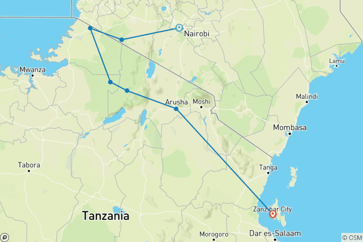 Carte du circuit Serengeti, Masai Mara, Crater et Zanzibar - 12 jours/13 nuits