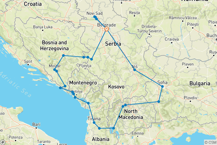 Mapa de Experiencia Balcánica - siete países en dos semanas - grupo pequeño