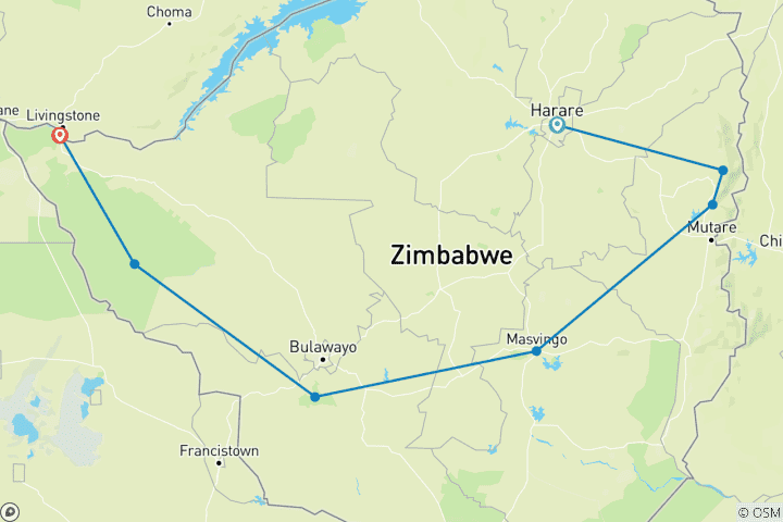 Mapa de Escapada de 12 días a Zimbabue