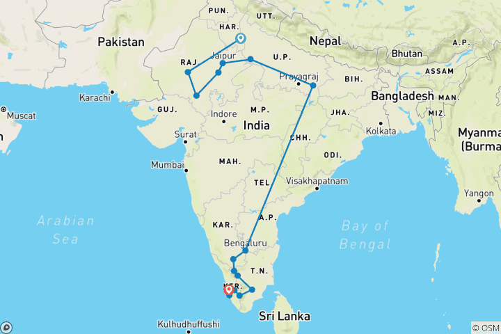 Map of India Tour For First Timers In 24 Days [Covering North & South India]