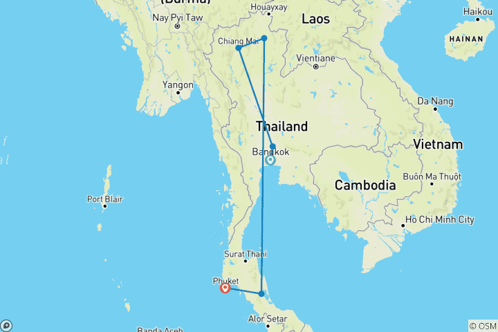 Mapa de Tailandia de norte a sur para viajeros ciegos