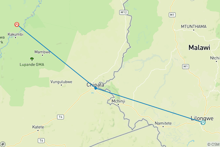 Carte du circuit Itinéraire d'une journée de transfert routier de Lilongwe (Malawi) à Mfuwe - Parc national de South Luangwa, Zambie