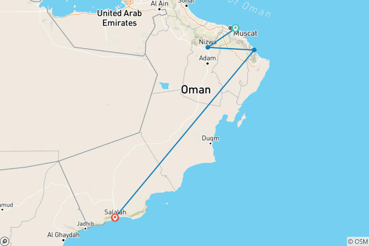 Carte du circuit Safari personnalisé dans le désert d'Oman, départ quotidien et visite privée