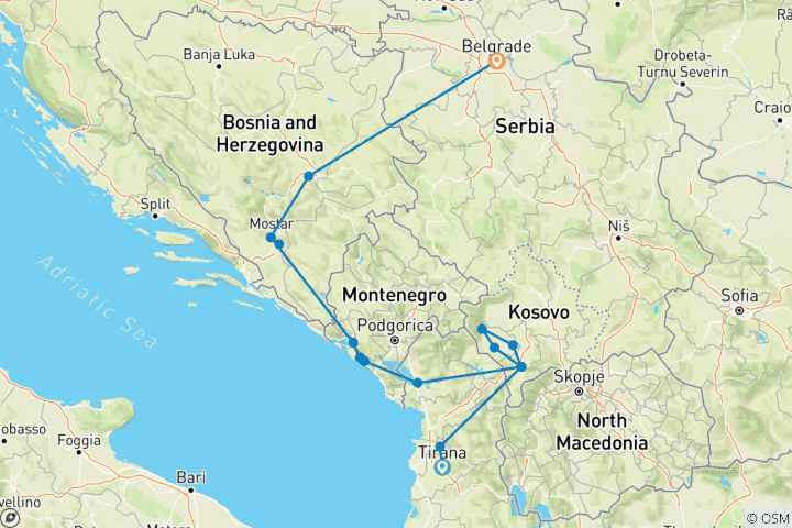 Carte du circuit Circuit en petit groupe dans les Balkans, de Tirana à Sarajevo ou Belgrade
