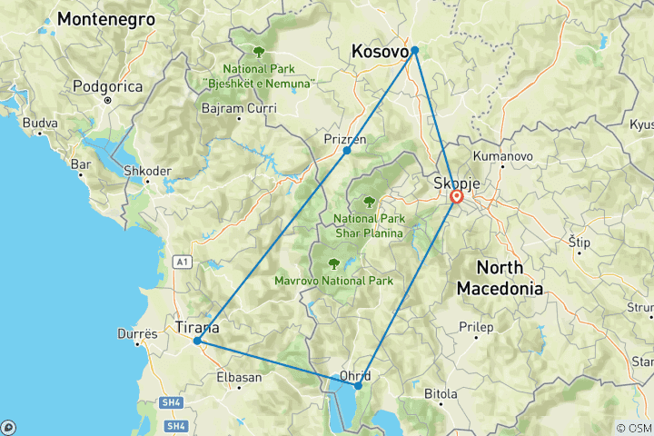 Kaart van Rondreis door Kosovo, Albanië & Noord-Macedonië - vanuit Skopje - 2 dagen