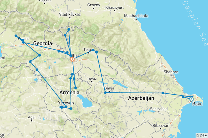 Map of Azerbaijan Georgia and Armenia Tour (16 Days)
