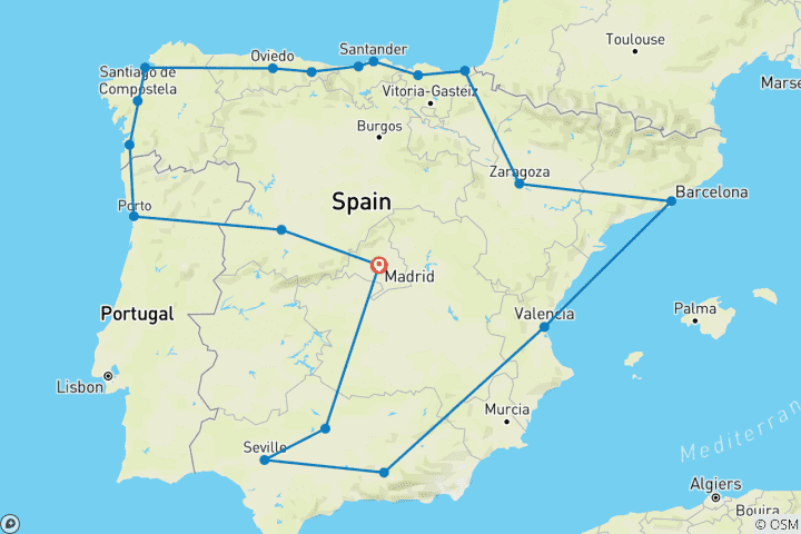 Carte du circuit Découverte de l'Espagne et du nord du Portugal - 14 jours