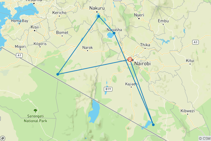 Map of 7 Days PRIVATE 4 STAR safari to Masai Mara, Lake Nakuru, Hell’s Gate Naivasha & Amboseli National park Using a 4WD JEEP with first night accommodation at Raha suites Hotel and free airport pick ups