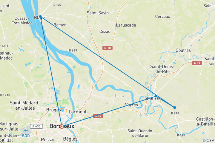 Carte du circuit Une croisière en Aquitaine : les grands vins du Sud de la France (croisière de port à port) (10 destinations)