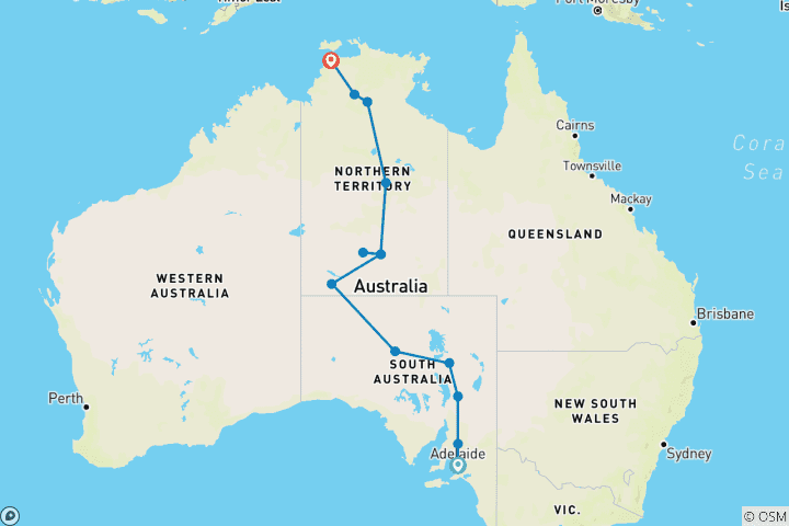 Kaart van Centraal-Australische ontdekkingsreis - van Adelaide naar Darwin - 2024