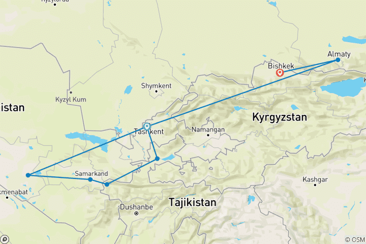 Mapa de Circuito por los 4 valles de Asia central 14 días