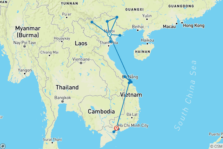 Mapa de Vietnam circuito privado: 19 días 18 noches de norte a sur