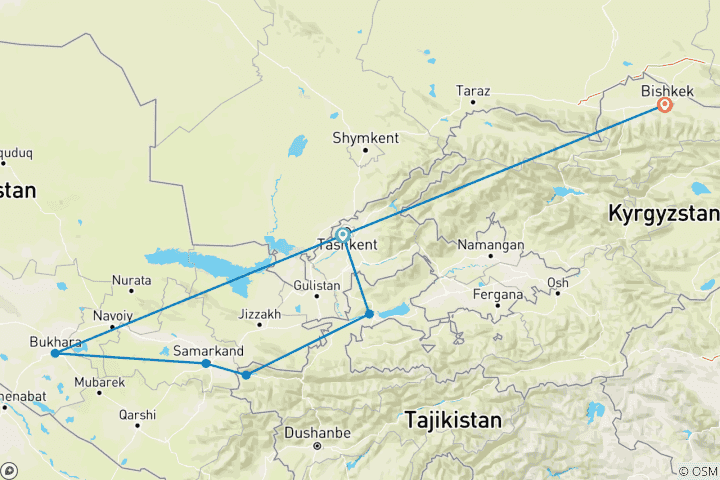 Map of Tour along 3-stans of Central Asia 12 Days: Uzbekistan, Tajikistan, and Kyrgyzstan